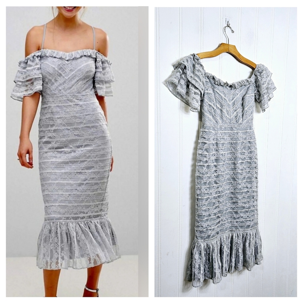 ASOS Midi Dress Size 4 Bardot Lace Off Shoulder Bodycon Pep Hem Wedding Guest US